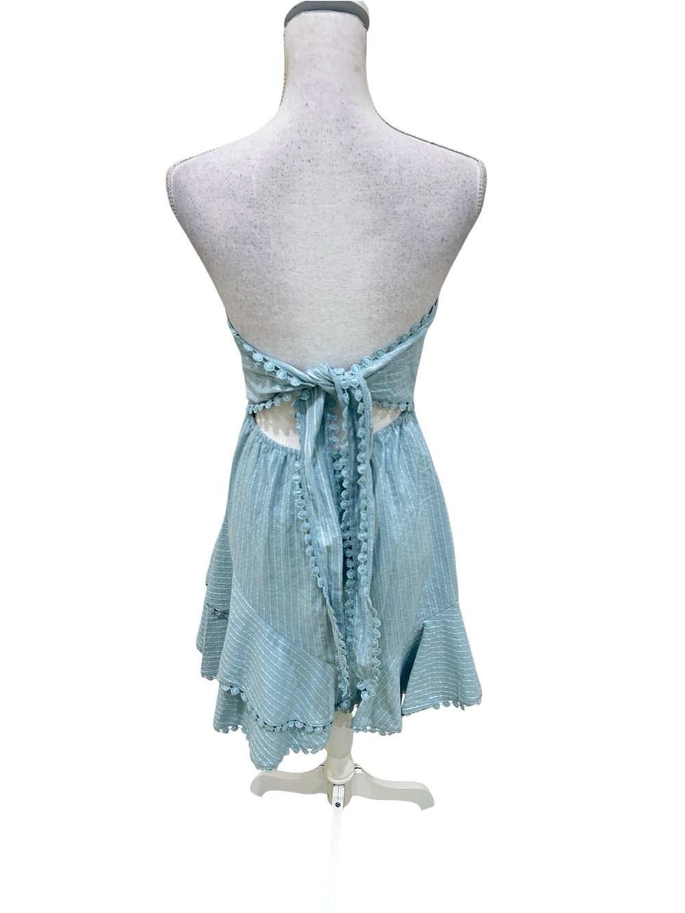 NWT Simplee Strapless Mint-Blue Pinstripe mini Dress back tie Pom Pom sz large - Picture 4 of 9
